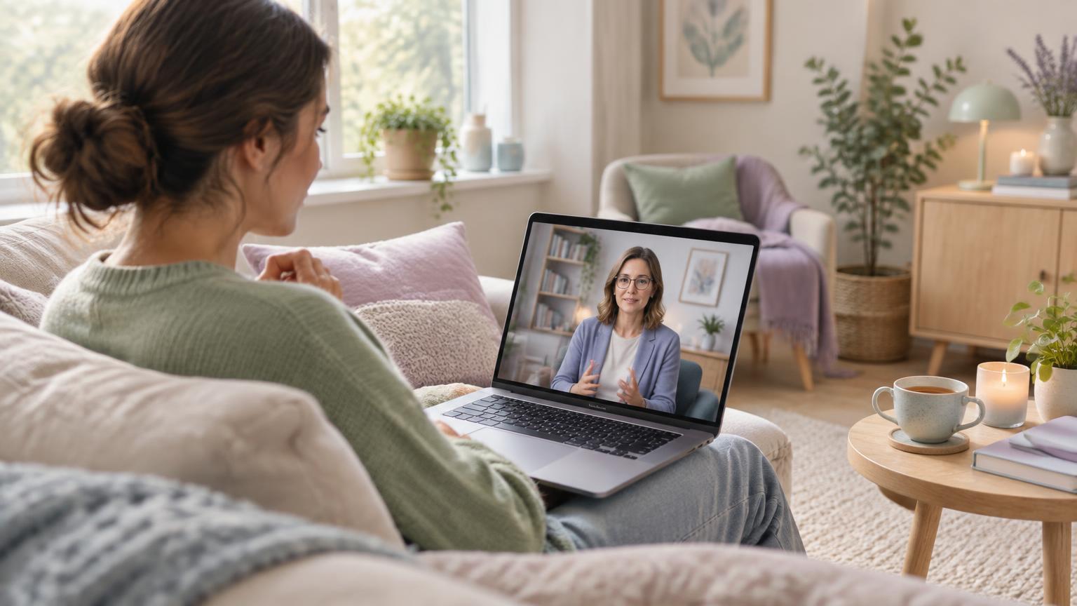 Persona en casa teniendo una sesión de terapia online por videollamada